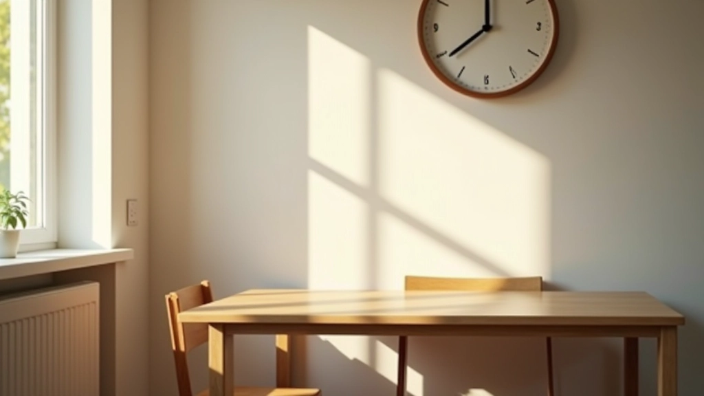 Kuchyňský stůl se židlí a hodinami na zdi, ráno, přirozené světlo z okna, ostrý focus