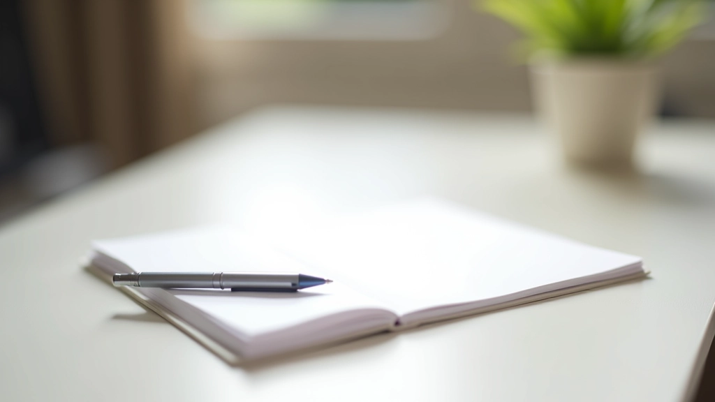 Notebook s plány a tužkou na minimalistickém stole, přirozené denní světlo, ostrý focus
