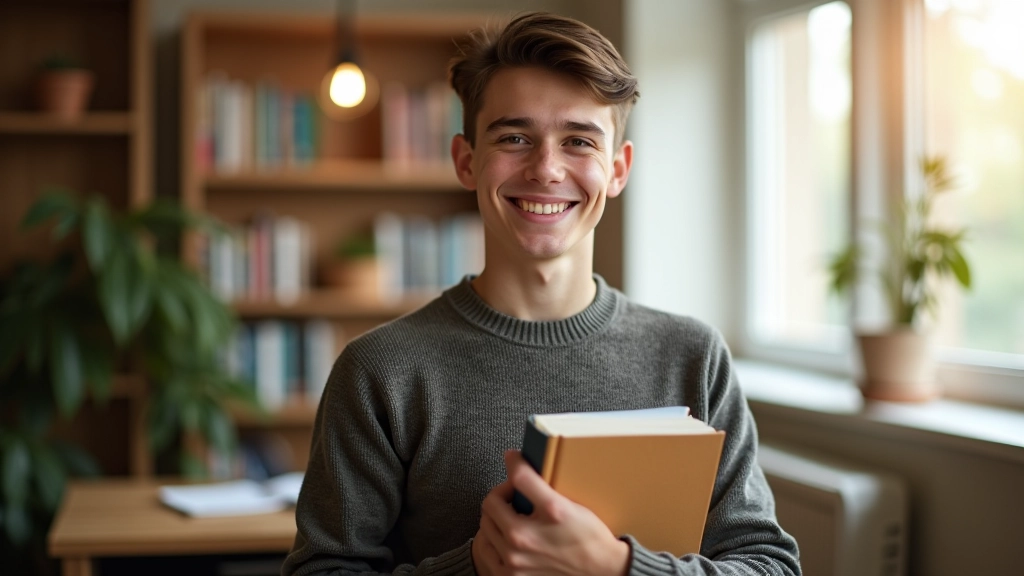 Student usmívající se s knihou v ruce, spokojen a soustředěný, bez telefonu viditelného v scéně