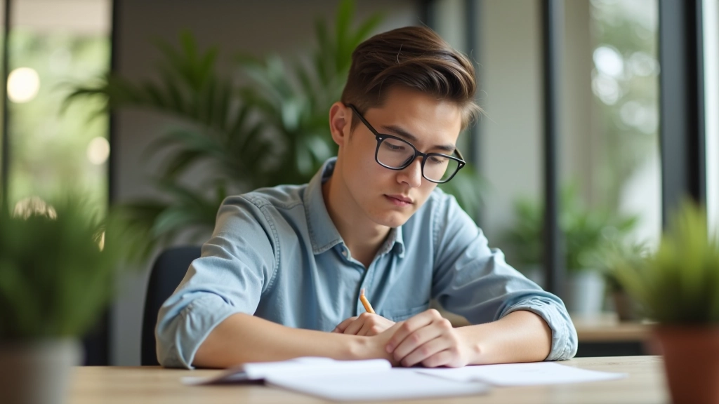 Student s brýlemi a notebookem, soustředěný pohled, moderní pracovní prostor s rostlinami